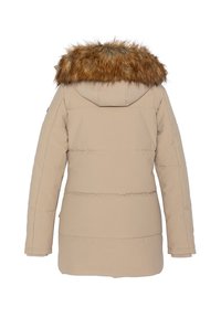 Beżowa kurtka puchowa z odpinanym kapturem obszytym futrem. Posiada pikowany wzór i długie rękawy, prosty dół oraz brak widocznych zapięć.
