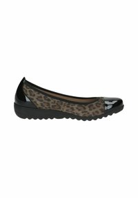 Ballerine con stampa leopardata, con punta e tacco in vernice nera, dotate di suola in gomma nera flessibile per comfort e aderenza.