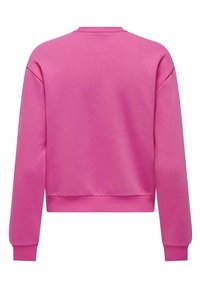 Sudadera rosa con cuello redondo, mangas largas y puños y dobladillo acanalados. Textura suave y diseño sencillo, vista desde atrás.