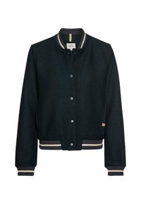 Schwarze Wollbomberjacke mit strukturiertem Finish, gestreiftem Strickkragen, -bund und -ärmeln, mit Druckknopfverschluss und seitlichem Logo-Patch.