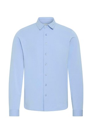 Lichtblauwe langemouwen shirt gemaakt van een gladde stof. Beschikt over een klassieke kraag en een knoopsluiting aan de voorkant met bijpassende knopen.