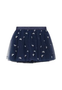 Gonna in tulle blu navy con fiocchi ricamati argento e una cintura elastica glitterata, progettata per ragazze.