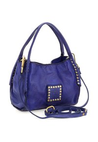 Borsa a tracolla in pelle blu con dettagli in oro, due manici e una tracolla removibile, mostrata su uno sfondo bianco.