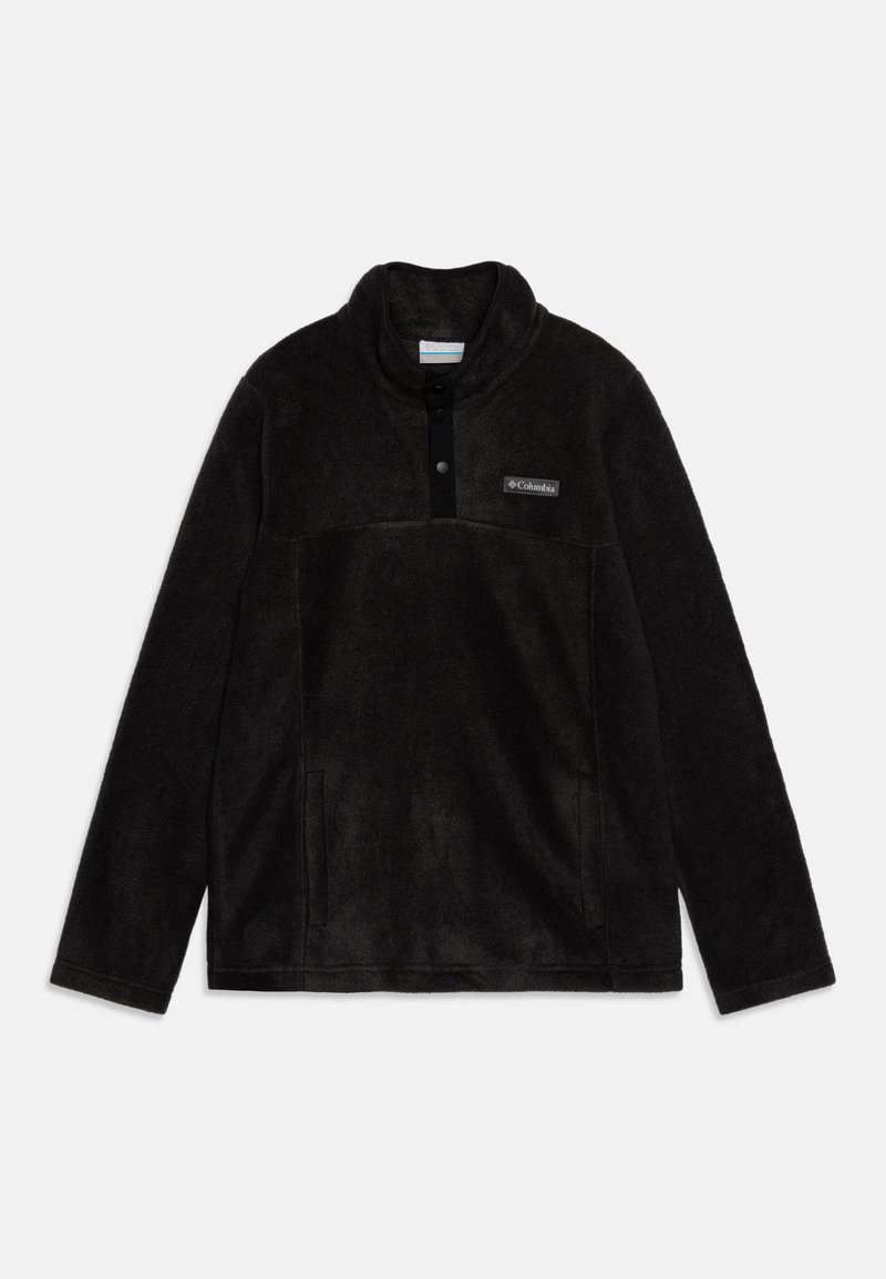 Pullover in pile nero con collo alto, bottoni a pressione e tasche laterali. Presenta un pannello in tessuto nero a contrasto e il logo del marchio sul petto.