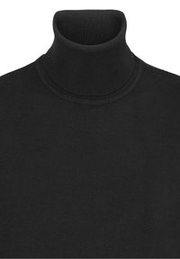 Maglione a collo alto nero realizzato in tessuto a costine. Caratterizzato da un collo alto e un design aderente, che mette in risalto una texture liscia e un colore uniforme.
