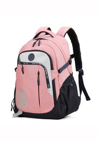 Roze en zwarte rugzak, gemaakt van een mesh-materiaal, met meerdere ritsen, gevoerde schouderbanden en een logo. Grote hoofdcompartiment en zijvakken.