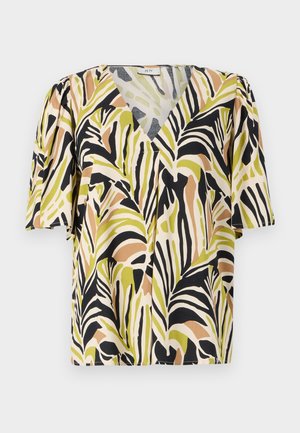Paita lyhyillä hihoilla, jossa syvä V-pääntie. Paita on monivärinen palmunlehdesuunnitelma vihreällä, mustalla ja ruskealla vaalealla taustalla.