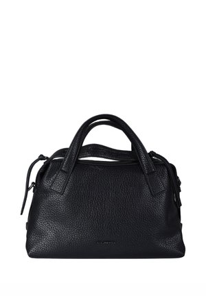 Borsa a mano in pelle nera con esterno testurizzato, doppi manici superiori, chiusura a cerniera e un logo del marchio discreto sulla parte anteriore.