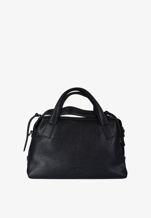 Borsa a mano in pelle nera con esterno testurizzato, doppi manici superiori, chiusura a cerniera e un logo del marchio discreto sulla parte anteriore.