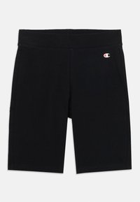Svarta stretchshorts med elastisk midja, med synliga sömmar och en liten Champion-logga på vänster sida.