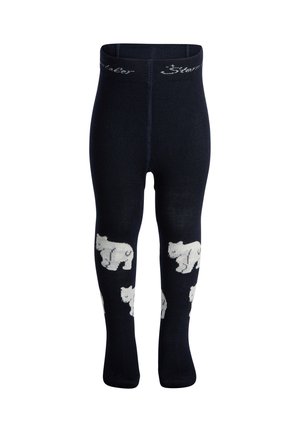 Navy knitted leggings with white polar bear patterns, featuring a soft texture and elastic waistband for comfortable fit.