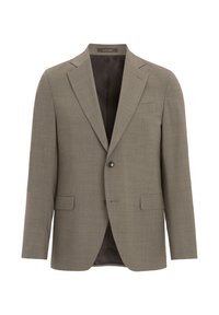 Lichtbruine blazer van gestructureerde stof. Heeft twee voorzakken en een enkele knoopsluiting. Binnenvoering is van donkere stof.