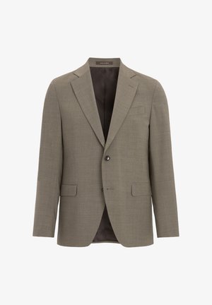 Jasnobrązowa marynarka wykonana z teksturowanej tkaniny. Posiada dwie przednie kieszenie oraz zapięcie na jeden guzik. Wnętrze podszewki jest w ciemnym kolorze.