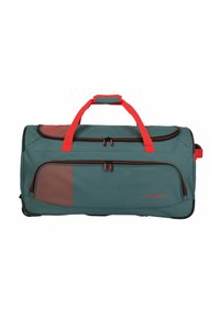 Borsa a sacca turchese con accenti rossi, due tasche con zip e doppie chiusure lampo nere. Presenta un manico imbottito e materiale durevole.