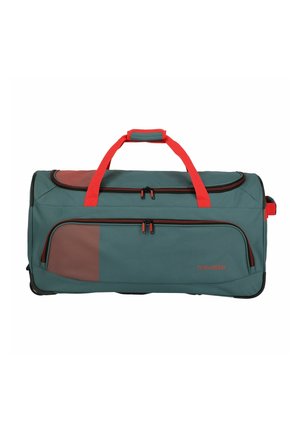 Bolsa de lona color teal con acentos rojos, dos bolsillos con cremallera y cierres de cremallera dobles en negro. Incluye un mango acolchado y material duradero.