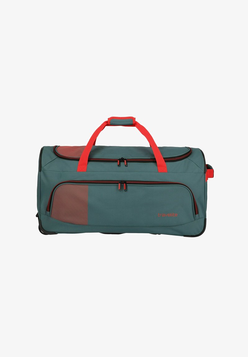 Borsa a sacca turchese con accenti rossi, due tasche con zip e doppie chiusure lampo nere. Presenta un manico imbottito e materiale durevole.