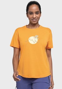 Short-sleeve orange T-shirt with a round neckline and a white graphic design depicting a flower and circular shapes on the front.