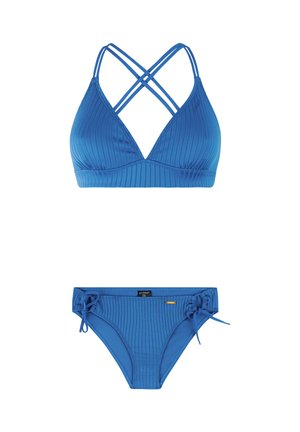 Blåt ribbet bikinit sæt med krydsede stropper på toppen og sidesnore på underdelen, begge med subtil tekstur og mærke tags.