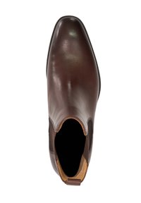 Brown leather ankle boot with a smooth, glossy finish, elastic side panels, pointed toe, and a short pull tab on the heel.