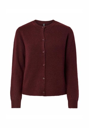 Cardigan bordeaux avec un col rond, une fermeture à boutons sur le devant, des poignets et un ourlet côtelés. Fabriqué en mailles douces avec une texture confortable.