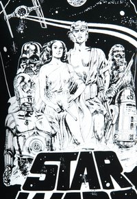 Černé tričko s bílou grafikou ikonických postav ze Star Wars, včetně Dartha Vadera, C-3PO a Chewbaccy, na pozadí vesmíru.