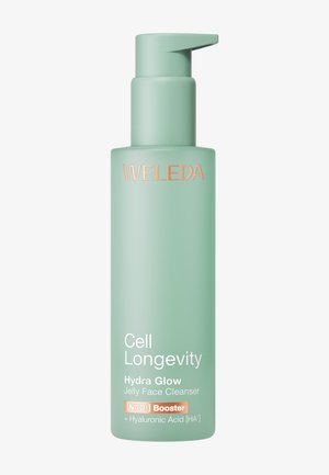 Mintgroene pompflacon van Weleda Cell Longevity Hydra Glow Jelly Face Cleanser met NAD+ Booster en Hyaluronzuur.