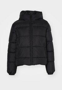 Doudoune noire avec capuche, dotée d'une fermeture éclair sur le devant, de poignets élastiques et d'un design matelassé. Fabriquée en matériau lisse et résistant à l'eau.