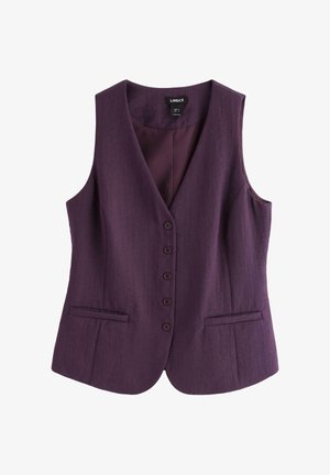 Violet ærmeløs vest med spids krave, seks forreste knapper og to forreste lommer. Fremstillet af tekstureret stof.