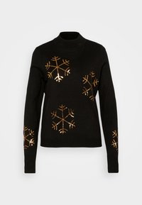 Pull noir en maille avec col côtelé et motifs flocons de neige en sequins dorés sur le devant et les manches. Texture douce et coupe régulière.