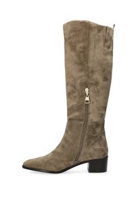 Knee-high suède laarzen in taupe met een spitse neus, een zijrits en een blokhak, met een gladde textuur en een strakke uitstraling.