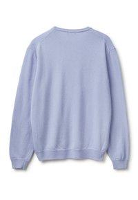 Svetle modrý dlouhý svetr s kulatým výstřihem, s žebrovanými manžetami a lemem, zobrazený zezadu na bílém pozadí.