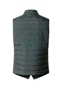 Dunkelgrüne, ärmellose Steppweste mit hohem Kragen, versehen mit horizontalen Nähten und einem etwas längeren Rückensaum. Glatte Textur.