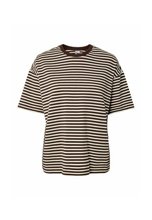 T-shirt à manches courtes à rayures horizontales marron et blanc, col rond et coupe décontractée sur fond blanc.