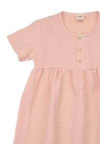 Light pink cotton dress with a round neckline, short sleeves, button front detailing, and gathered waist. Soft, textured fabric.