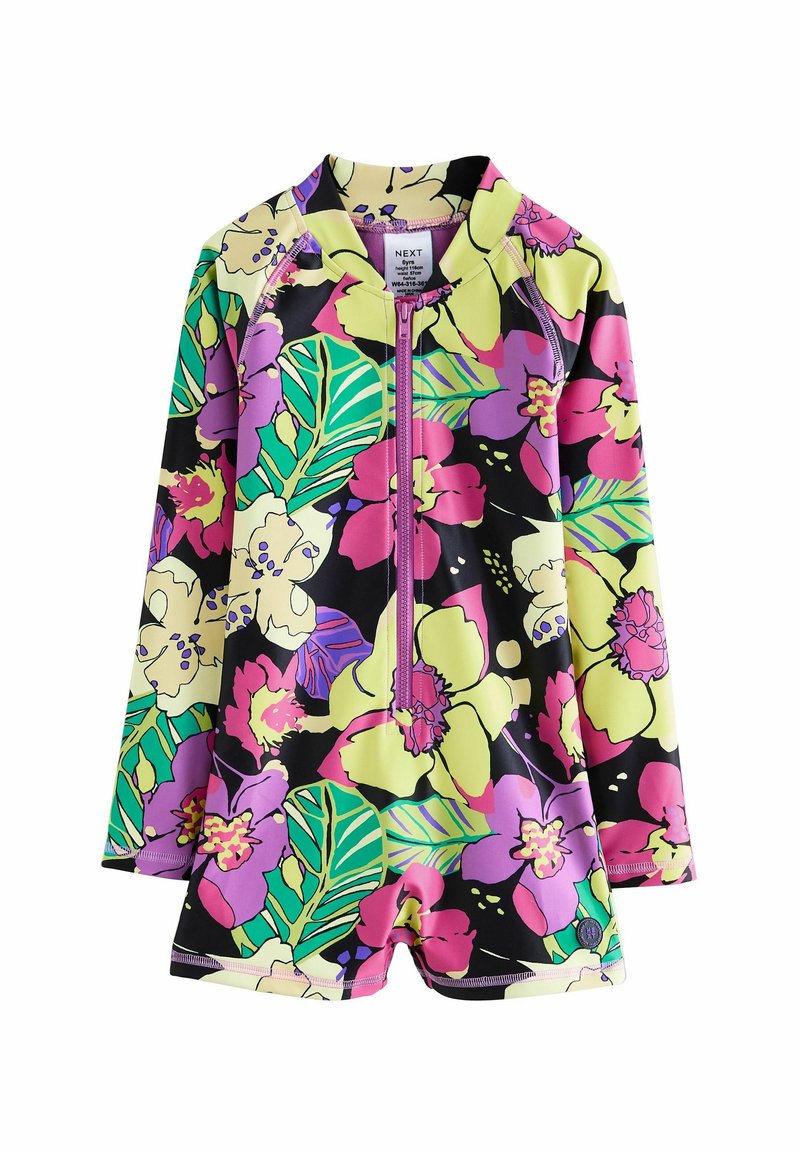 Vícebarevný rash guard s živými květinovými vzory, se zipem vpředu, dlouhými rukávy a designem s kulatým výstřihem. Vyrobeno z pružného materiálu.