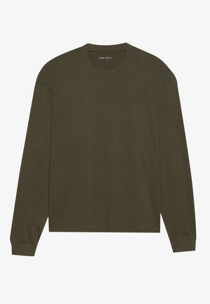 Olive green long-sleeve t-shirt made of soft cotton. Features a round neckline and fitted cuffs, with a straight cut and minimal detailing.