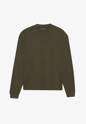 Olive green long-sleeve t-shirt made of soft cotton. Features a round neckline and fitted cuffs, with a straight cut and minimal detailing.