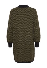 Pletený oversize kardigán v olivovej zelenej farbe s čiernym herringbone vzorom. Obsahuje okrúhly čierny golier a priliehavé rukávy. Mäkká textúra.