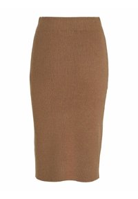 Pletená tužková sukně v teplé hnědé barvě, s ribbovanou texturou a přiléhavým střihem, s vysokým pasem pro pohodlí.