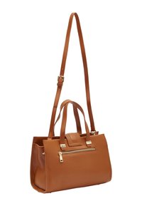 Bruine leren handtas met dubbele bovenhandvaten en een lange verstelbare schouderriem. Heeft een voorvak met rits en een gestructureerde rechthoekige vorm.