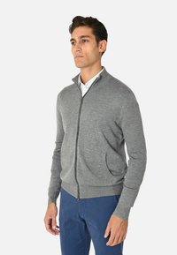Maglione grigio con chiusura a zip realizzato in morbido tessuto a maglia con polsini e orlo a coste. Presenta tasche laterali e colletto a risvolto. Abbinato a pantaloni blu.
