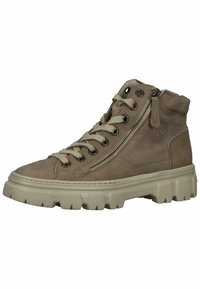 Sneakers alta tan in pelle, con una zip laterale, chiusura con lacci, suola testurizzata e punta rotonda.