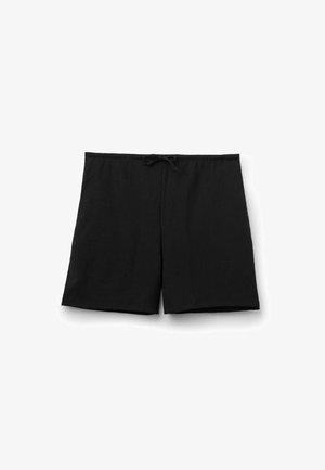 Black swim shorts made of textured material with an elastic waist and drawstring. Features a straight cut and above-the-knee length.