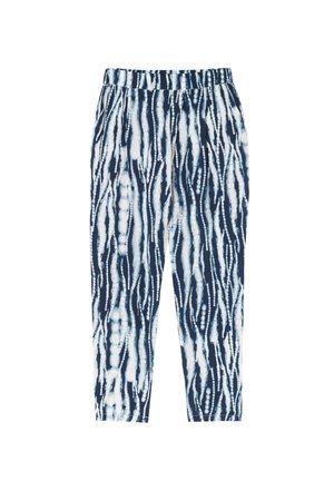 Jūriniai ir balti raštuoti kelnės su laisvu kirpimu. Su elastinga juosta ir vertikalios juostelės dizainu, turinčiu dažymo poveikį.