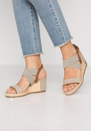 Beige kilehælssandaler med krydsede stofstropper, en brun læderdetalje og en tekstureret kilehæl, kombineret med cropped denimjeans.