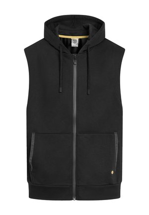 Czarna bezrękawnikowa bluza na zamek z kieszeniami z przodu i kapturem ze sznurkiem, z małym okrągłym logo na dolnej prawej kieszeni.