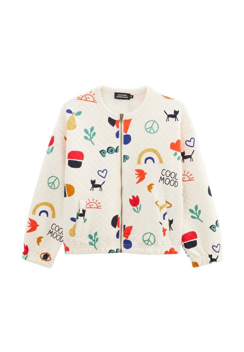 Veste matelassée crème ornée de motifs colorés de fleurs, de signes de paix, de chats et de texte. Conçue avec une fermeture éclair et des poignets élastiques.