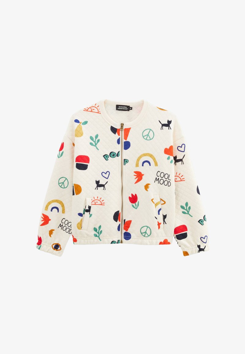 Veste matelassée crème ornée de motifs colorés de fleurs, de signes de paix, de chats et de texte. Conçue avec une fermeture éclair et des poignets élastiques.