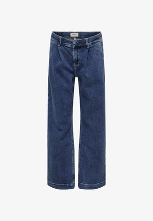 Kék, bő szárú farmernadrág, amely denim anyagból készült. Közepes magasságú derékrésszel, övhurkokkal, elülső redőkkel és enyhén kopott hatású mosással rendelkezik, kontrasztos varrással.