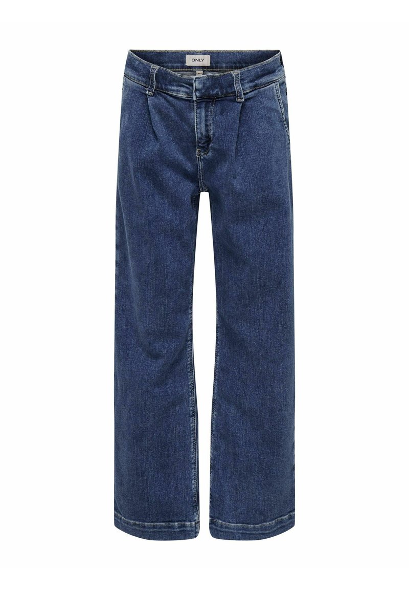 Mėlynos plačios kojų džinsai, pagaminti iš džinsinio audinio. Turi vidutinį juosmenį, dirželio kilpas, priekines klostes ir šiek tiek išblukusį atspalvį su kontrastingomis siūlėmis.